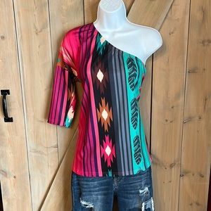 One Sleeve Bright Aztec and Feather Top